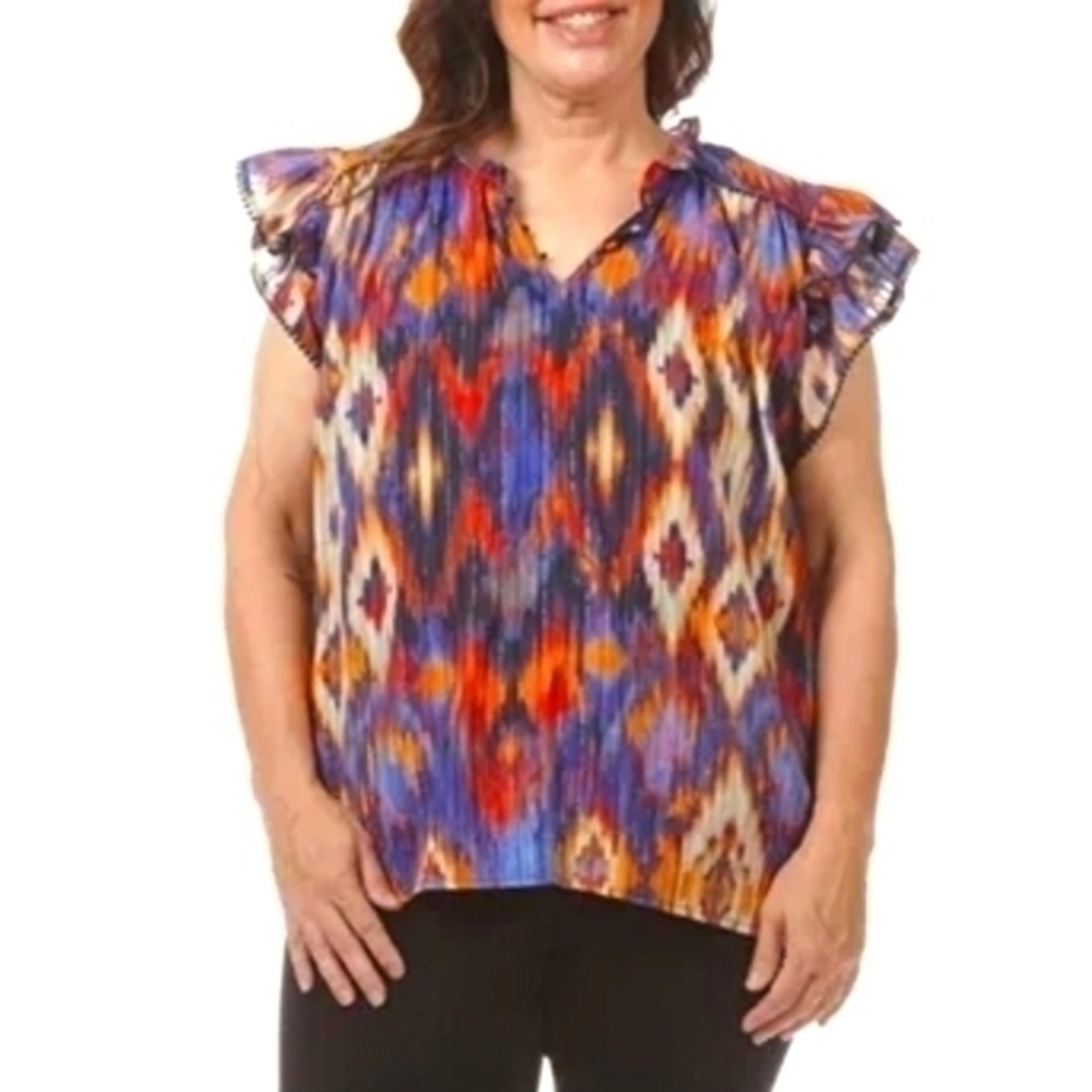 Cupio Blush NWT Women's Ikat Cotton Flutter Sleeve Popover Top Plus Size 3X‎